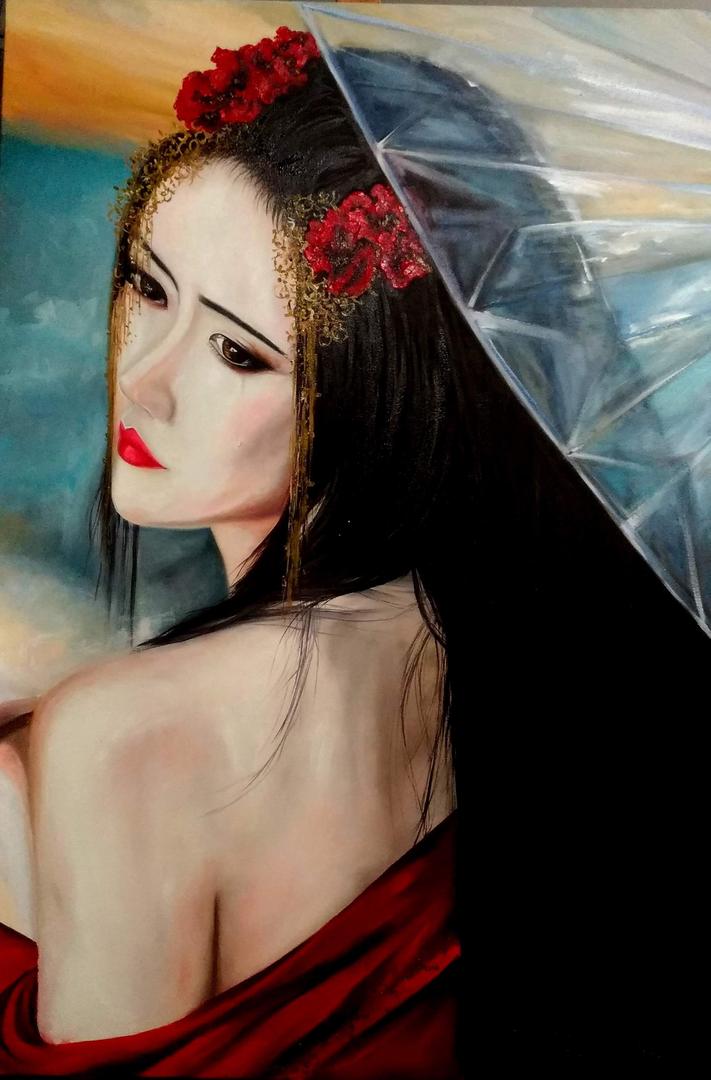 Japanese Geisha Arte figurativa em óleo sobre tela 70 X 100.